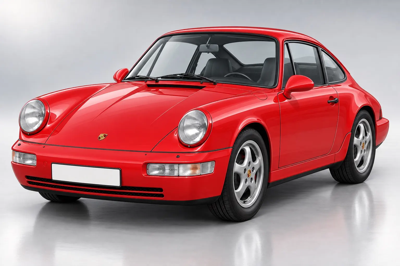 ポルシェ 964型911を斜め前から見たイラスト。丸型のヘッドライト、ボディ同色のバンパー、格納式のリアスポイラー。赤いボディ