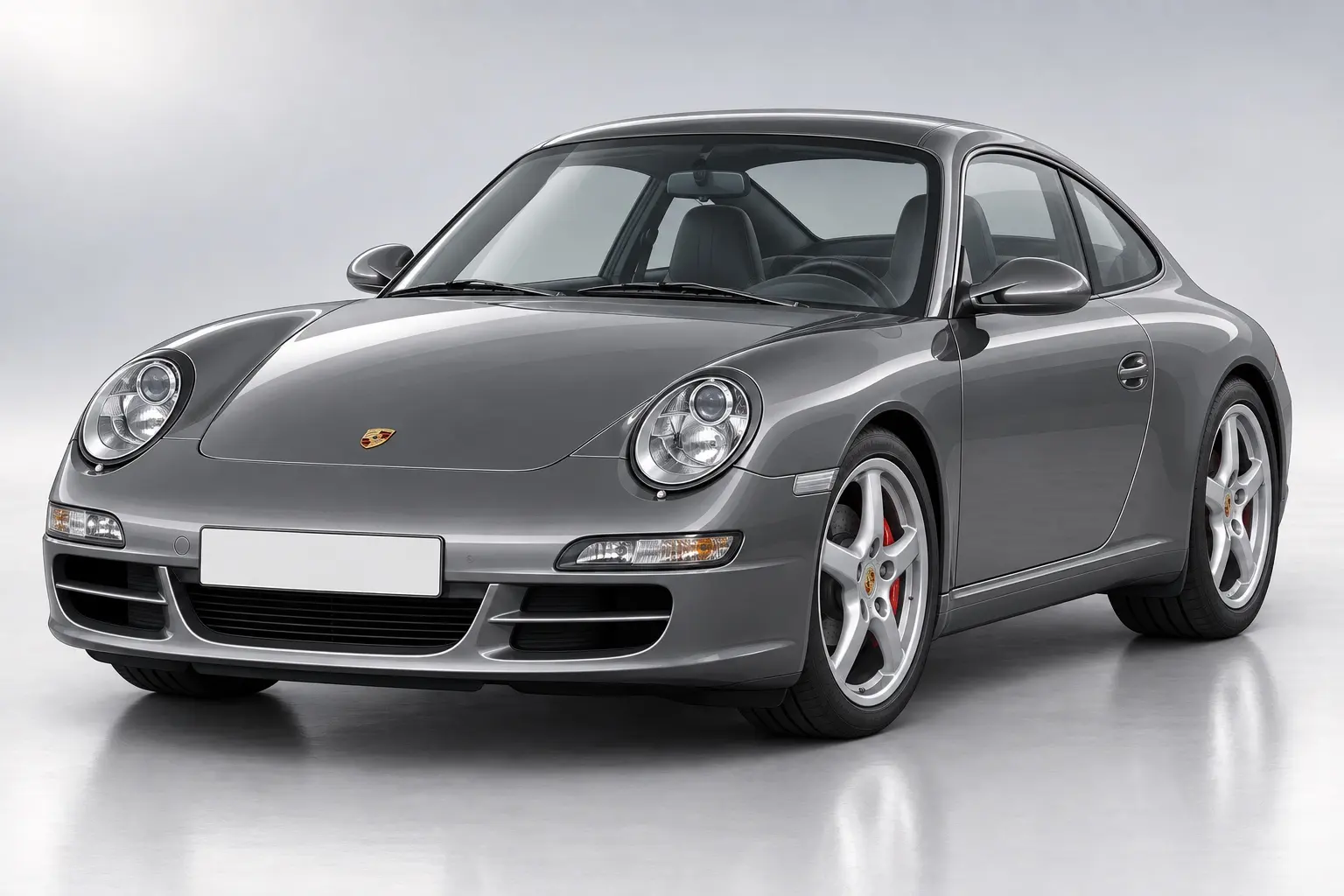 ポルシェ 997型911を斜め前から見たイラスト。丸型に戻ったヘッドライト、ボディ同色のバンパー、大径のホイール。濃い灰色のボディ。クーペ