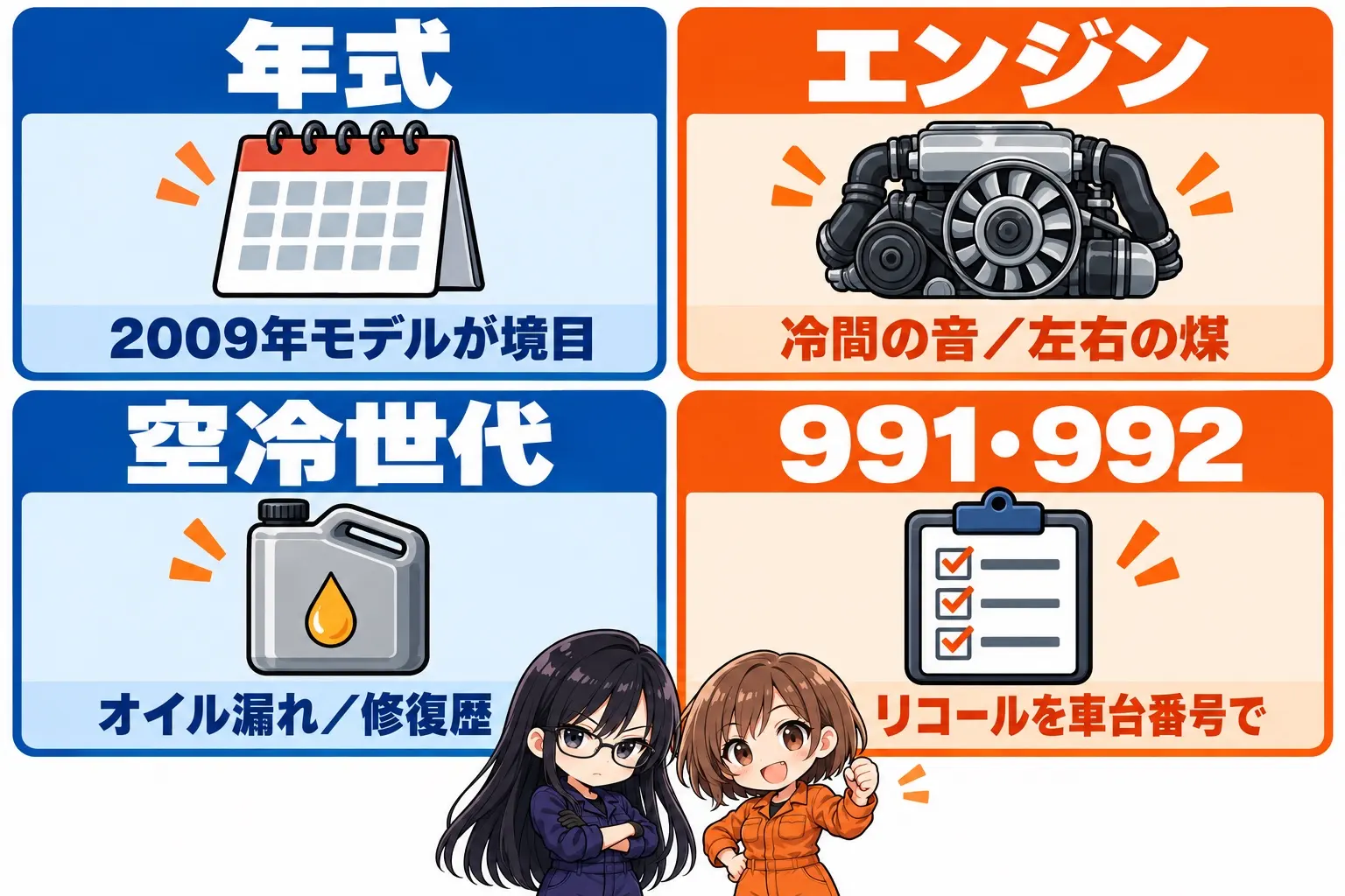 ポルシェ 911の中古で見るところの図解。4つの箱。①年式の境目=2009年モデル(カレラ系は中間軸なし)②エンジン=冷間始動音・左右の煤・オイル消費 ③空冷世代=オイル漏れ・修復歴 ④991/992=リコールの実施済みを車台番号で確認。端に小さなキャラクター