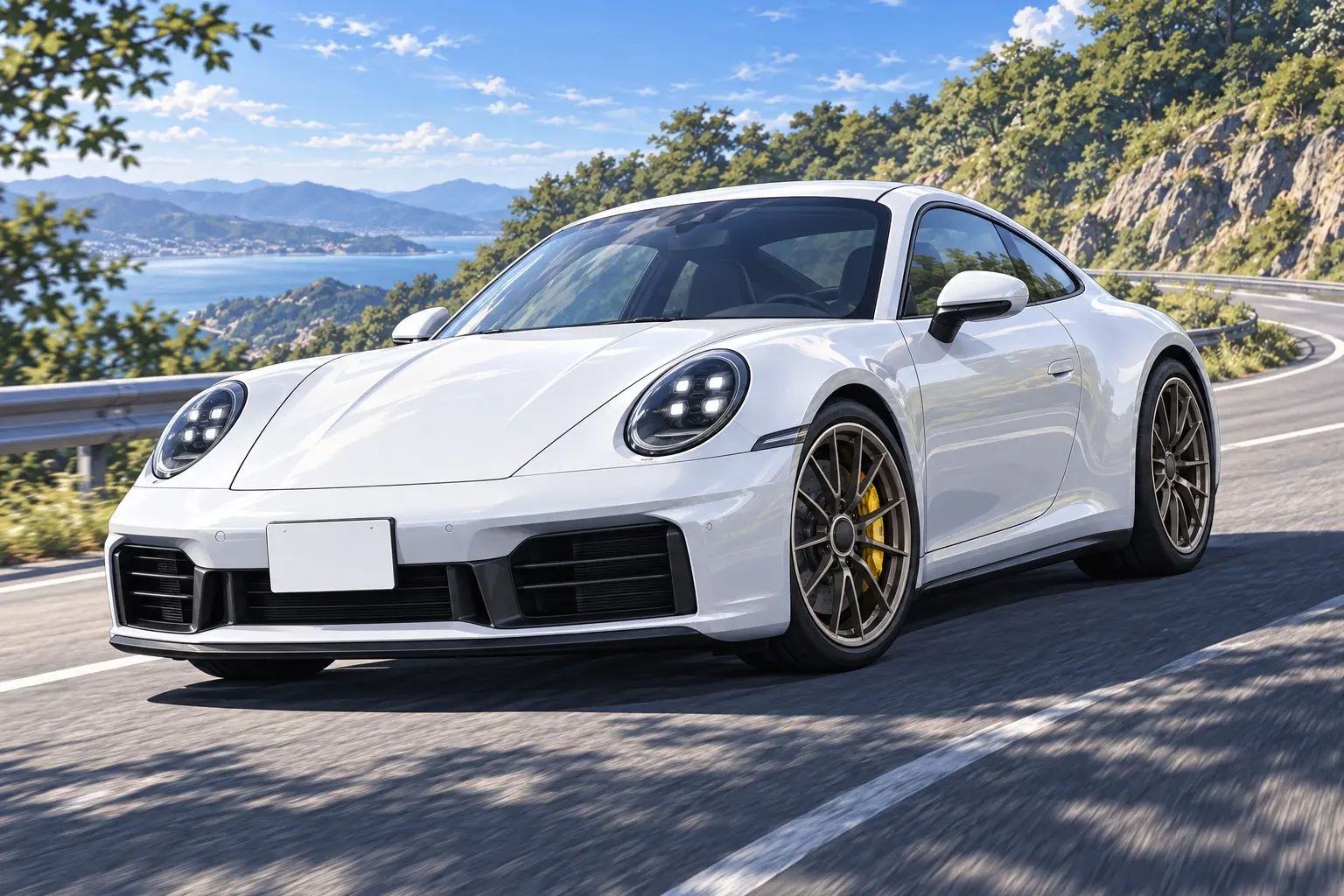 ポルシェ 911 カレラを斜め前から見たカット。水平対向6気筒をリアに積むクーペ、丸型4灯のLEDヘッドライト