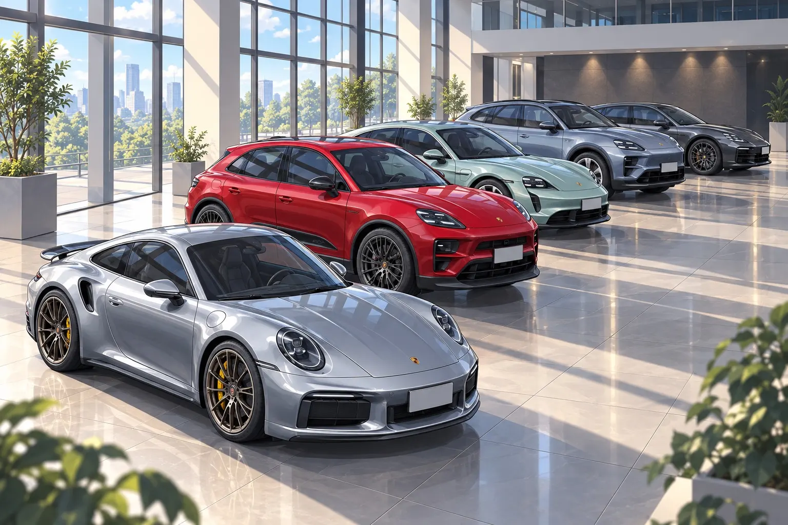 ポルシェの5モデル（911・パナメーラ・タイカン・マカン・カイエン）を並べたカット