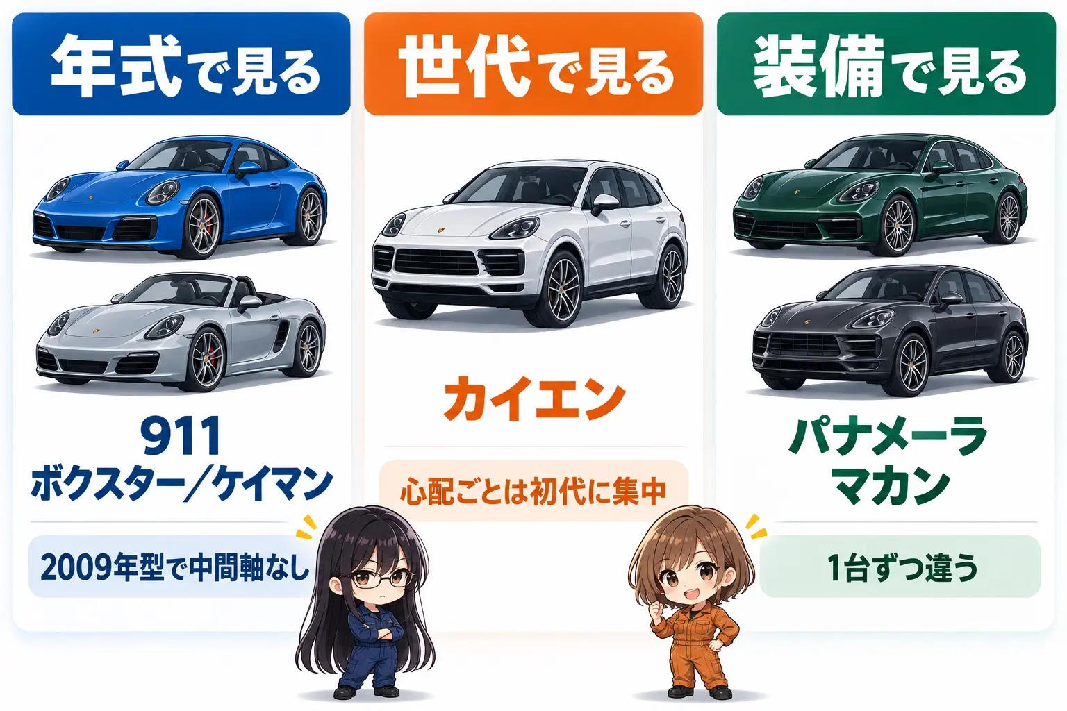 ポルシェ5車種の中古を見分ける手がかりの図解。3つの列。「年式で見る」に911とボクスター／ケイマン（2009年型で中間軸なし）、「世代で見る」にカイエン（心配ごとは初代に集中）、「装備で見る」にパナメーラとマカン（1台ずつ違う）。端に小さなキャラクター
