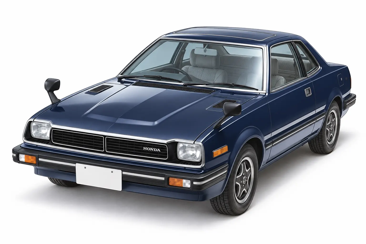 1978年式 ホンダ プレリュード(初代・SN型)の斜め前からの外観。角型のヘッドランプ、細いクロームのバンパー、ルーフのサンルーフ。背景は白い無地のスタジオ