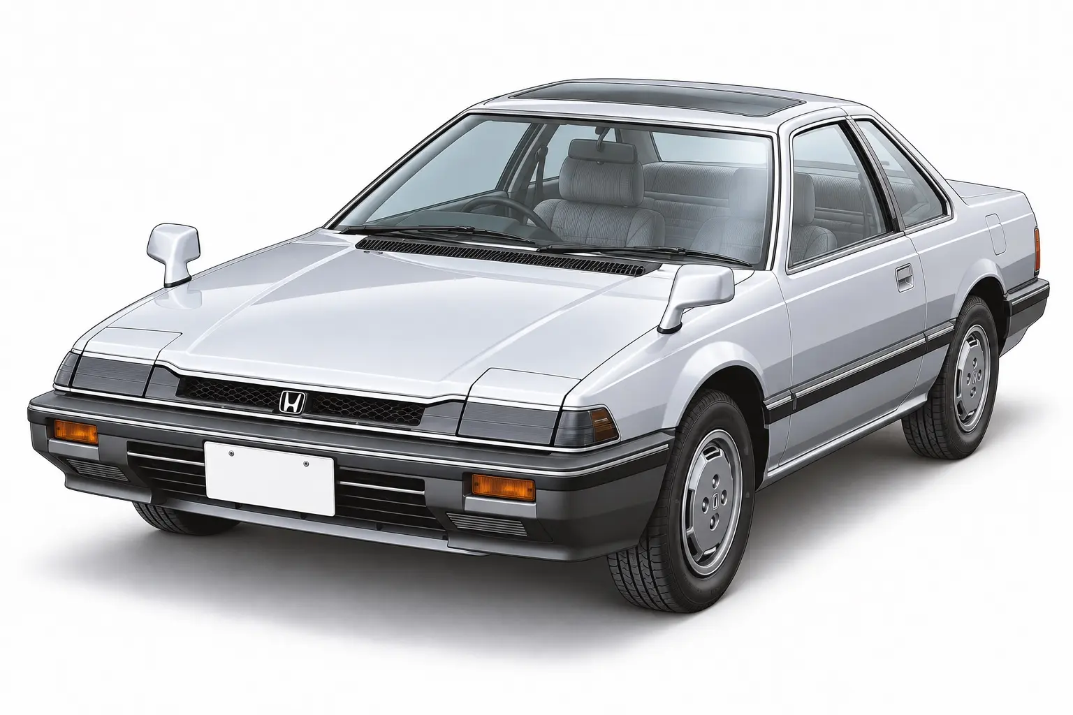 1983年式 ホンダ プレリュード(2代目・AB型)の斜め前からの外観。極端に低いボンネット、リトラクタブルヘッドランプを閉じた状態。銀系のボディカラー。背景は白い無地のスタジオ