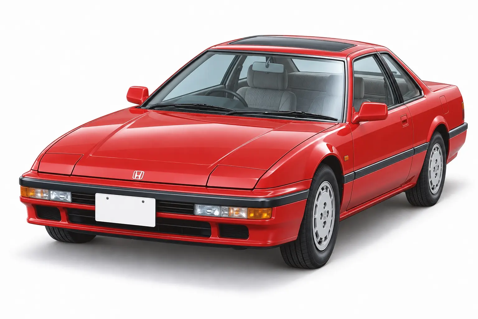 1988年式 ホンダ プレリュード(3代目・BA5型)の斜め前からの外観。さらに低くなったボンネット、リトラクタブルヘッドランプを閉じた状態。赤系のボディカラー。背景は白い無地のスタジオ