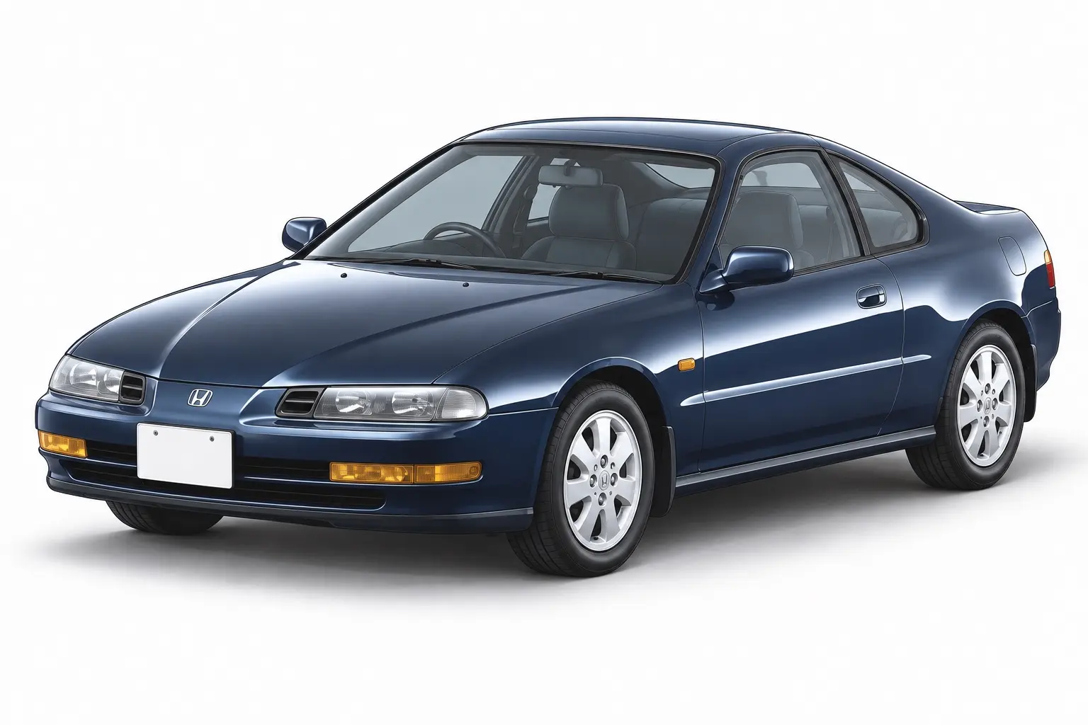 1992年式 ホンダ プレリュード Si VTEC(4代目・BB1型)の斜め前からの外観。横長の固定式ヘッドランプ、丸みを帯びたワイドなボディ。濃紺系のボディカラー。背景は白い無地のスタジオ
