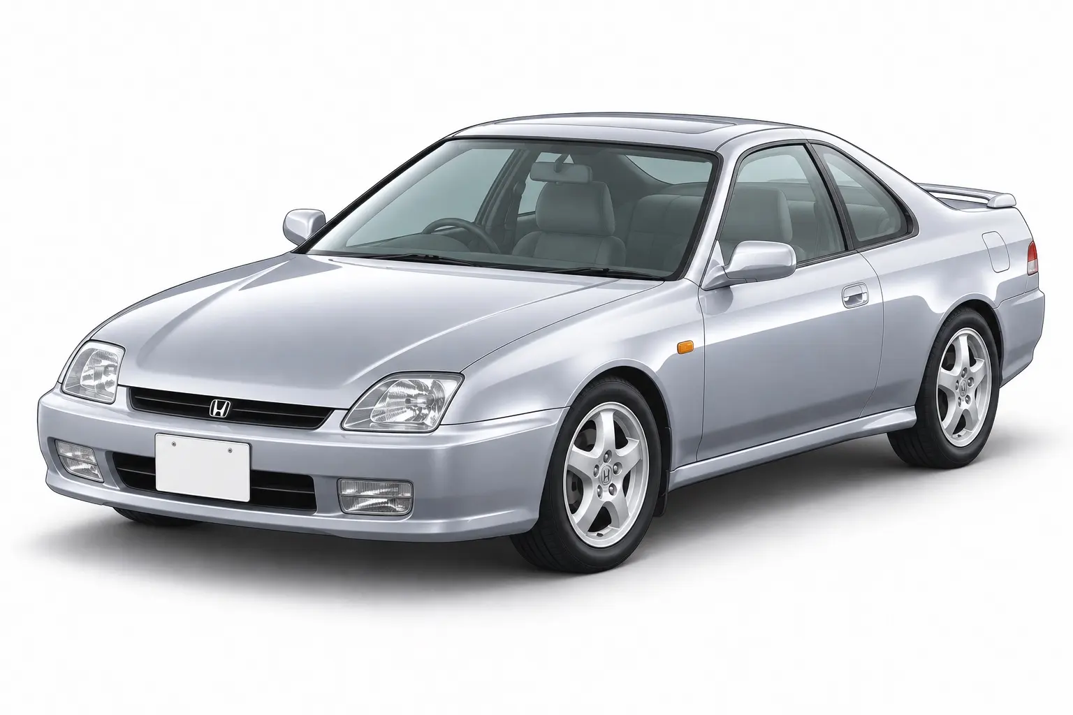 ホンダ プレリュード(5代目・BB型)の斜め前からの外観。角型の固定式ヘッドランプ、端正な2ドアクーペ。銀系のボディカラー。背景は白い無地のスタジオ