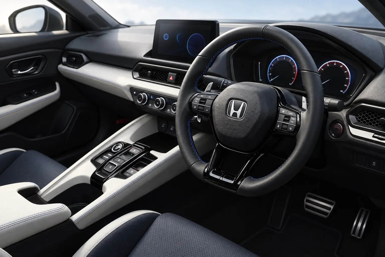 ホンダ プレリュード(6代目)の運転席まわり。水平基調のダッシュボード、デジタルメーター、ステアリングの裏の金属製のパドル。内装はブラックで、スポーツシートの一部が見えるカット