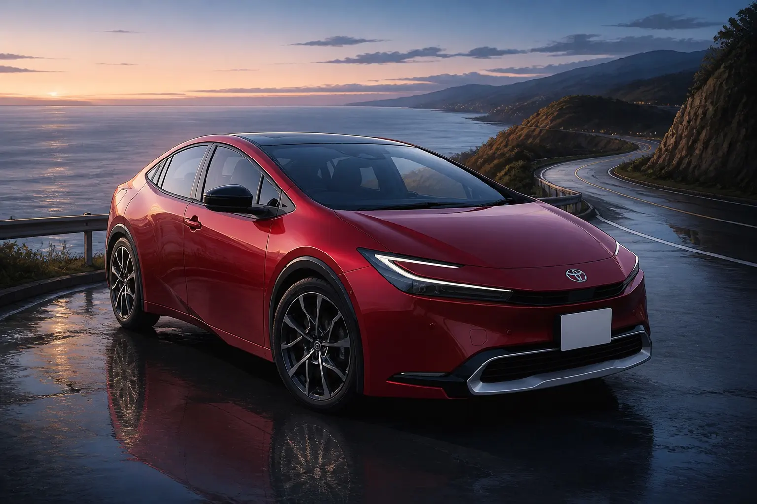 トヨタ プリウス Z（PHEV）を斜め前から見た外観。エモーショナルレッドIIのボディ。夜明けの海沿いのワインディングの路肩を背景に