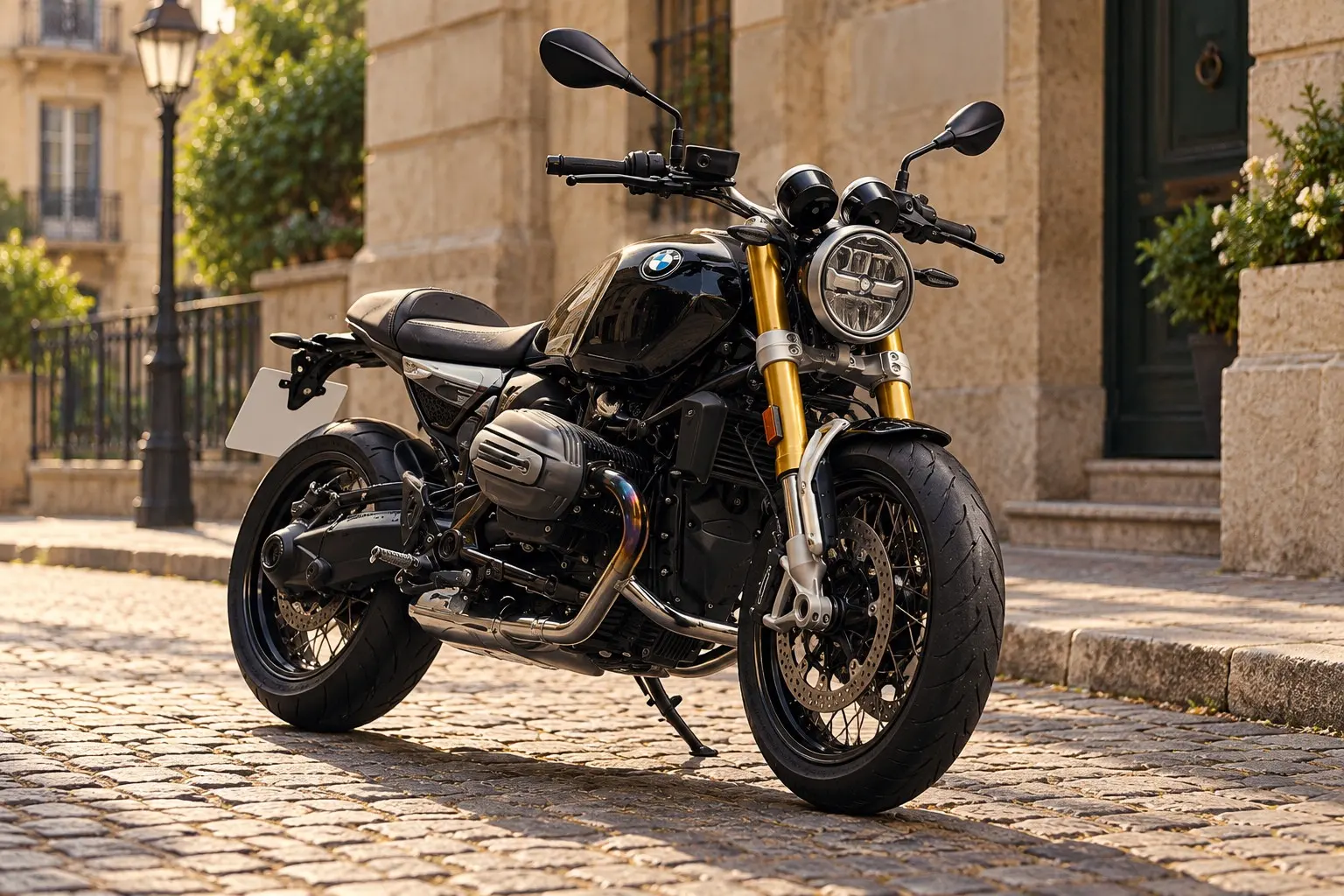BMW R 12 nineTを斜め前から見たカット。黒い車体、アルミのタンク、丸いヘッドライト、アナログメーター、横に張り出した水平対向2気筒、前後17インチのスポークホイール