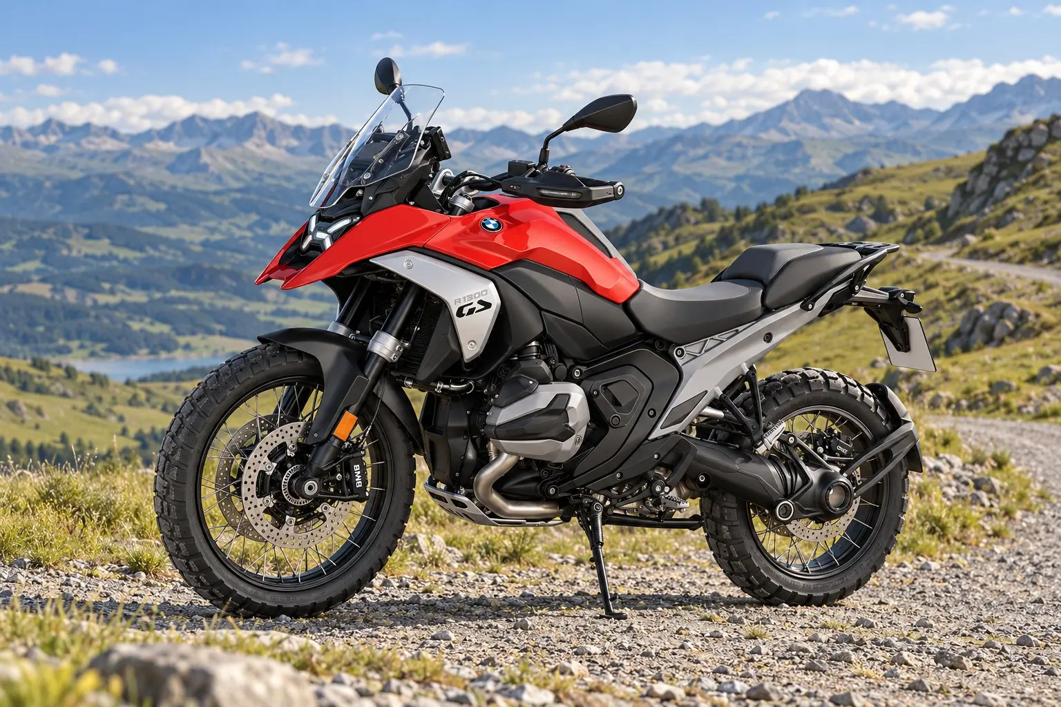 BMW R 1300 GSを斜め前から見たカット。赤い車体、くちばしのような前のフェンダー、横に張り出した水平対向2気筒のシリンダー、背の高いスクリーン、前19インチ・後17インチのスポークホイール
