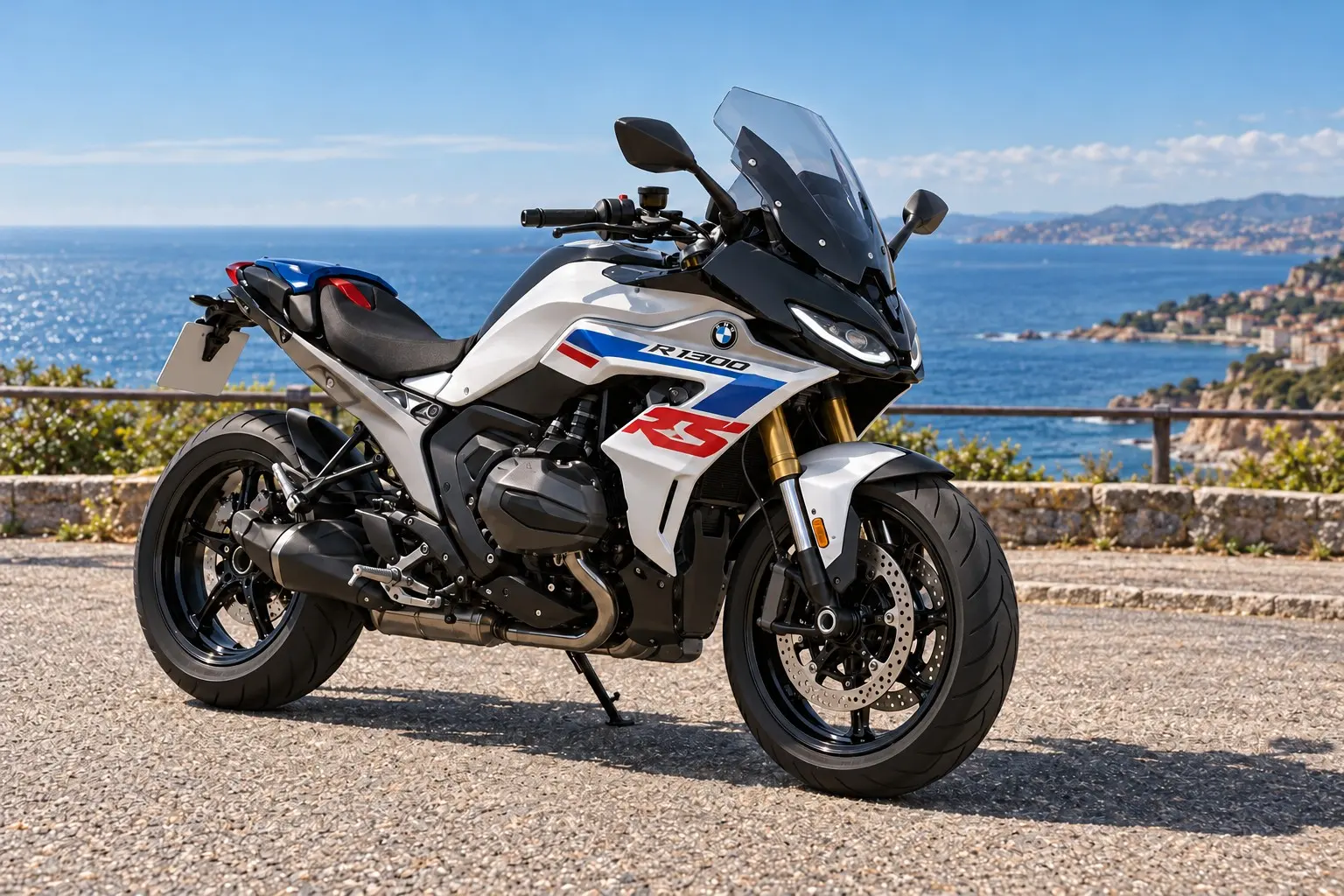 BMW R 1300 RSを斜め前から見たカット。青い車体、鋭いLEDヘッドライト、ハーフカウルと調整式のスクリーン、横に張り出した水平対向2気筒、前後17インチのキャストホイール
