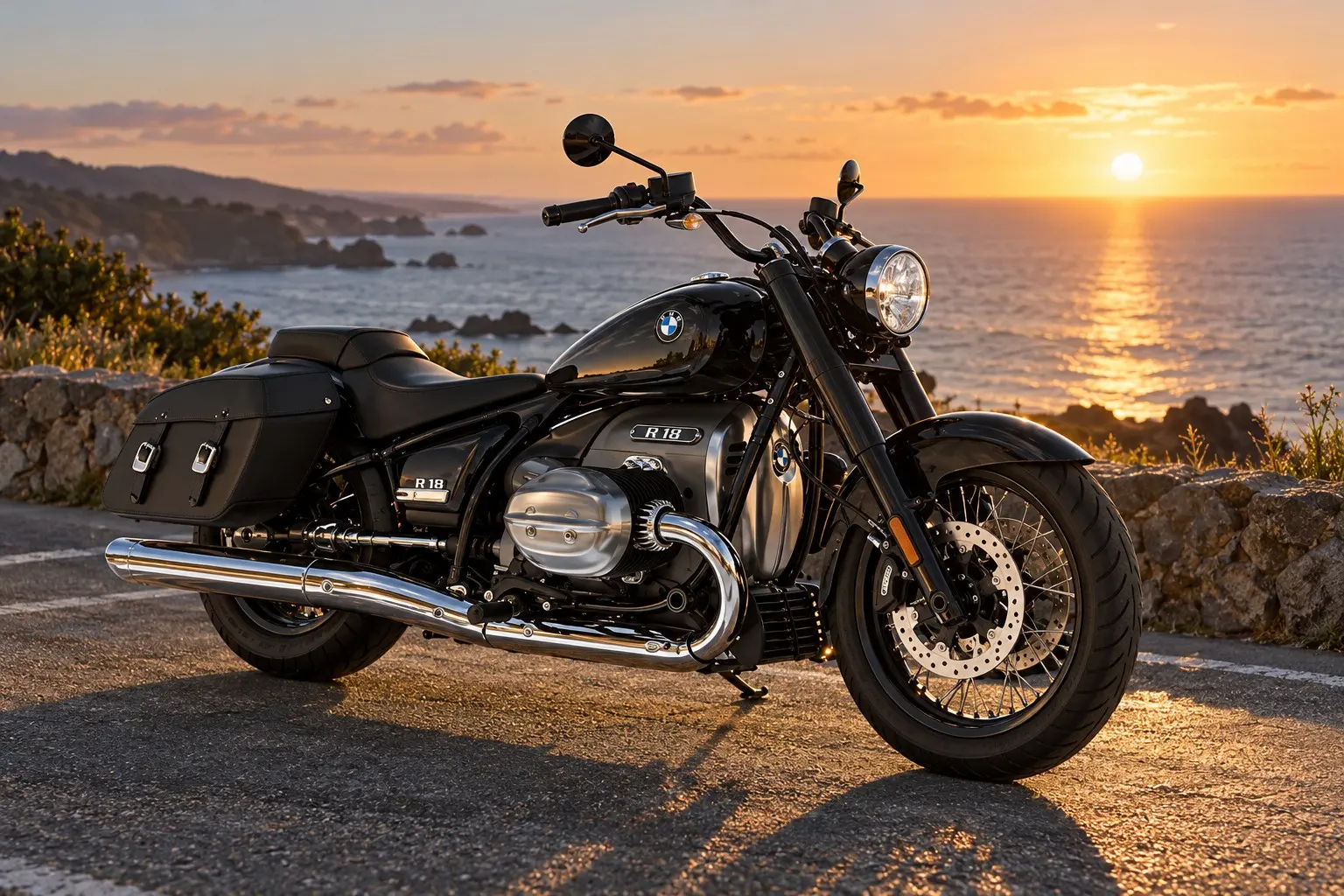 BMW R 18を斜め前から見たカット。黒い長い車体、横に大きく張り出した水平対向2気筒、むき出しのシャフトドライブ、丸いヘッドライト、ティアドロップ型のタンク
