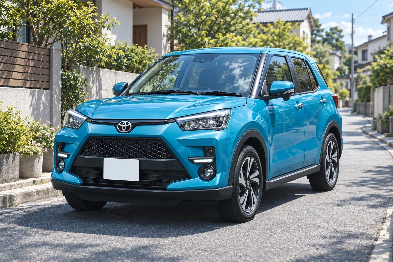 トヨタ ライズの斜め前からの外観。台形のフロントグリルと細いLEDヘッドランプが分かるカット。ボディカラーはターコイズブルーマイカメタリック。住宅街の道に停まっている