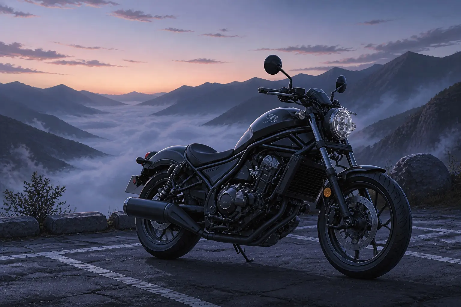 ホンダ レブル1100を横やや斜め前から見た外観。マットバリスティックブラックメタリック。夜明けの峠の駐車帯を背景に