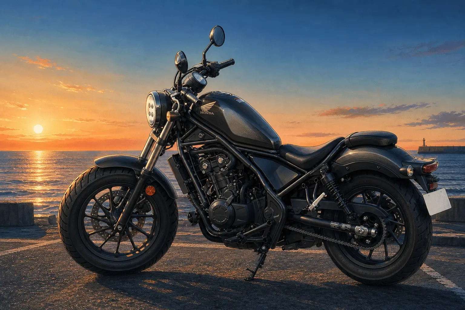 ホンダ レブル500を横やや斜め前から見た外観。ガンメタルブラックメタリック。夕方の海沿いの駐車場を背景に