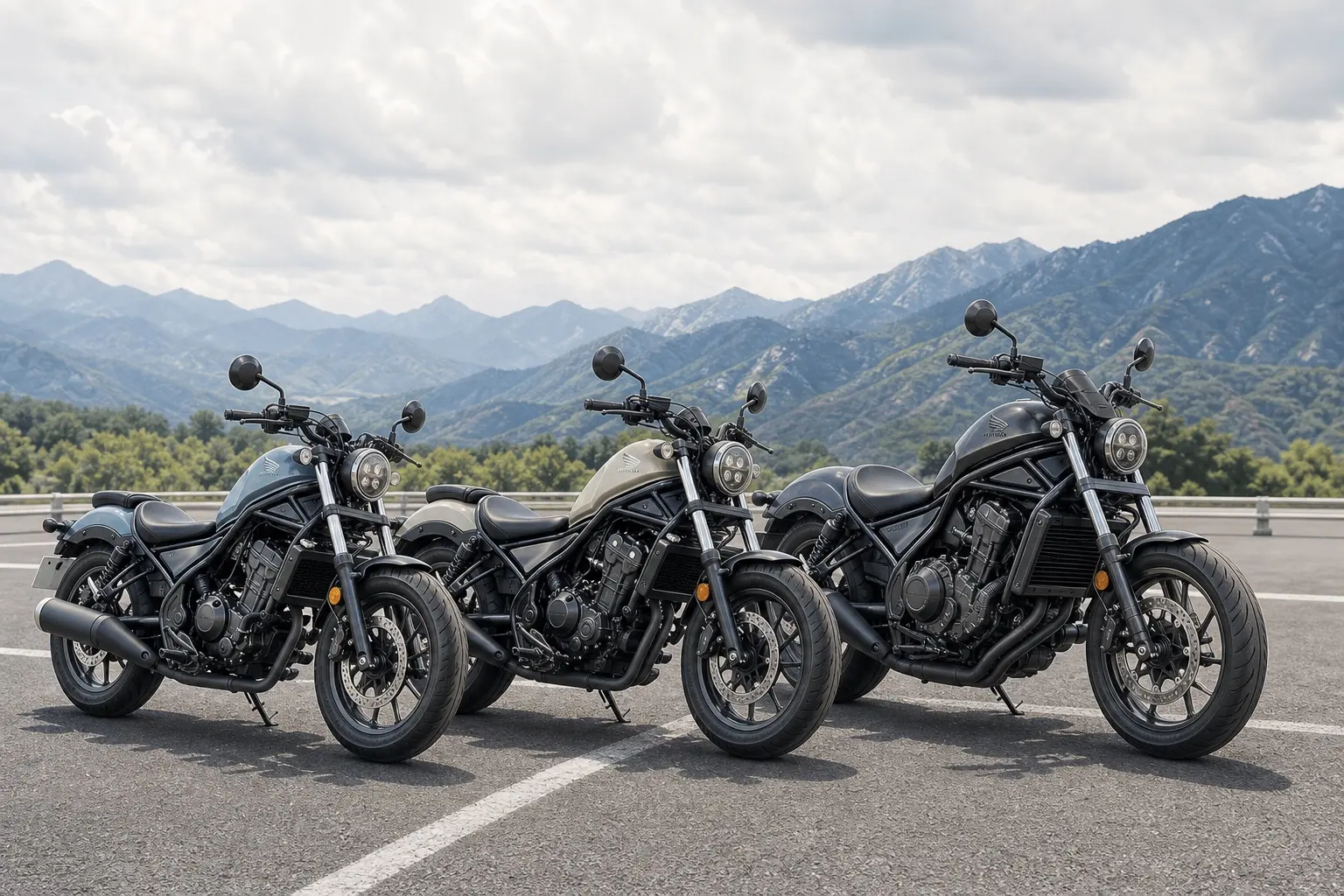 ホンダのレブル250、レブル500、レブル1100を左から順に並べて斜め前から見たカット。手前が250、奥に向かって500、1100。屋外の広い駐車場、昼の薄曇り