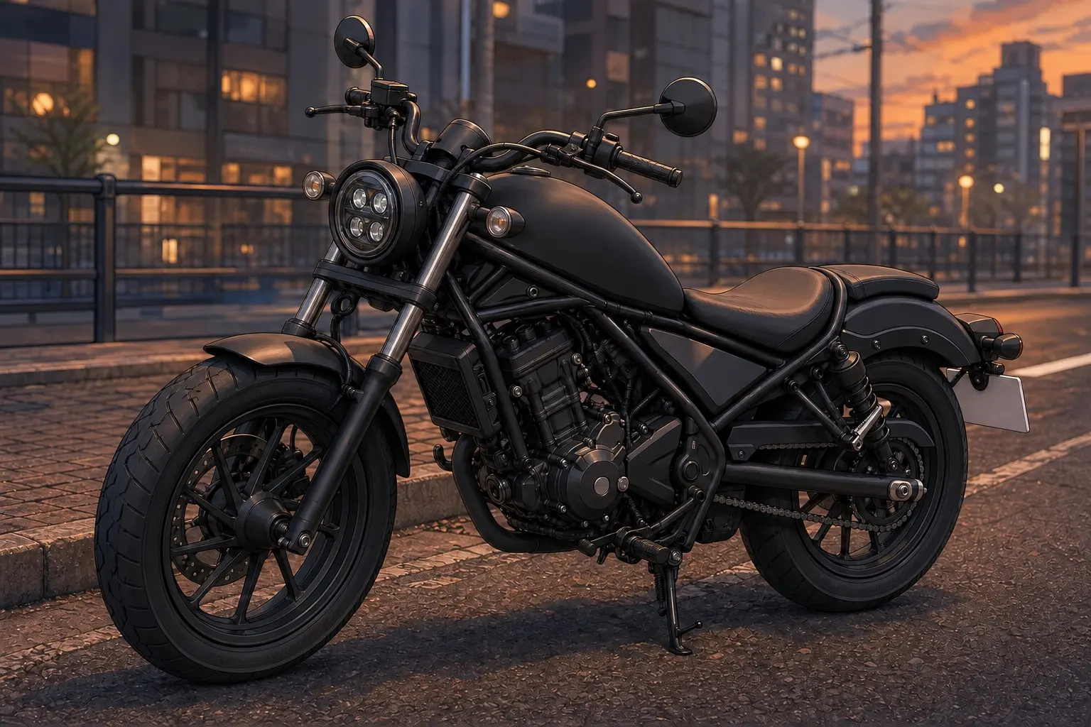 ホンダ レブル250の実車。低くフラットなシートと太い前後タイヤが特徴のクルーザーを斜め前から見たカット