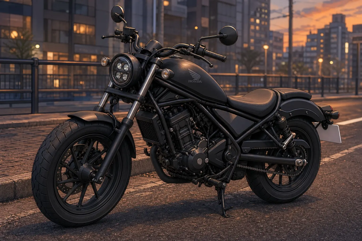 黒いホンダ レブル250を斜め前から捉えた外観カット。16インチのファットタイヤと低いシートが分かる