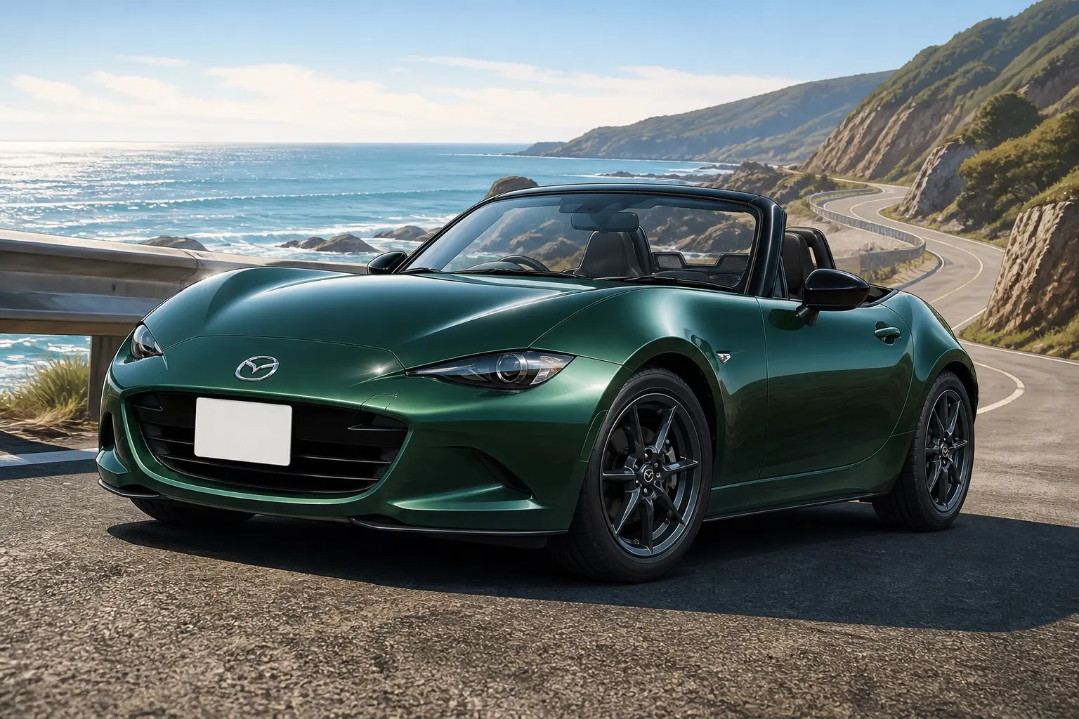 マツダ ロードスター ソフトトップの斜め前からの外観。ジンクグリーンメタリック。海沿いのワインディング、朝の光。屋根は開いた状態