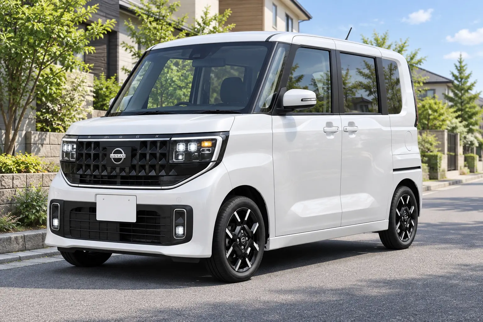 日産 ルークス ハイウェイスターの斜め前からの外観。角の丸い四角形のヘッドランプまわりと、横長のグリルが分かるカット
