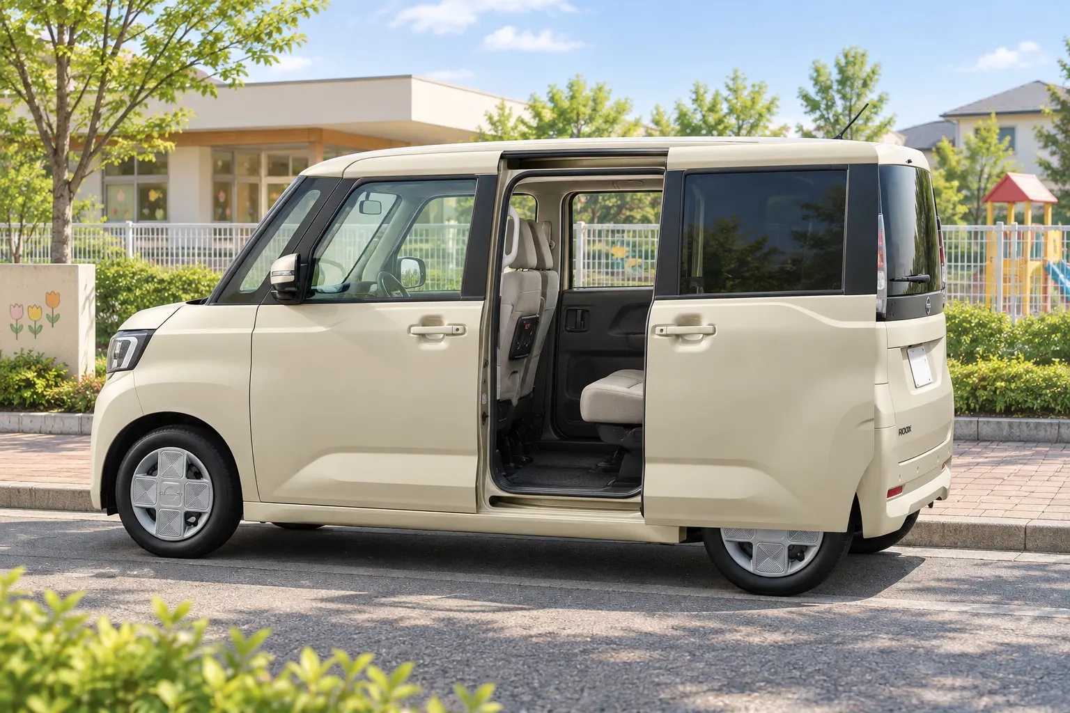 日産 ルークスを真横から見たカット。助手席側のスライドドアを大きく開け、広い後席の足元が見える状態