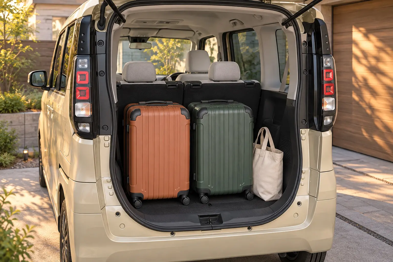 日産 ルークスの荷室。バックドアを開け、後席を前にスライドした状態で、スーツケースを並べて載せたカット