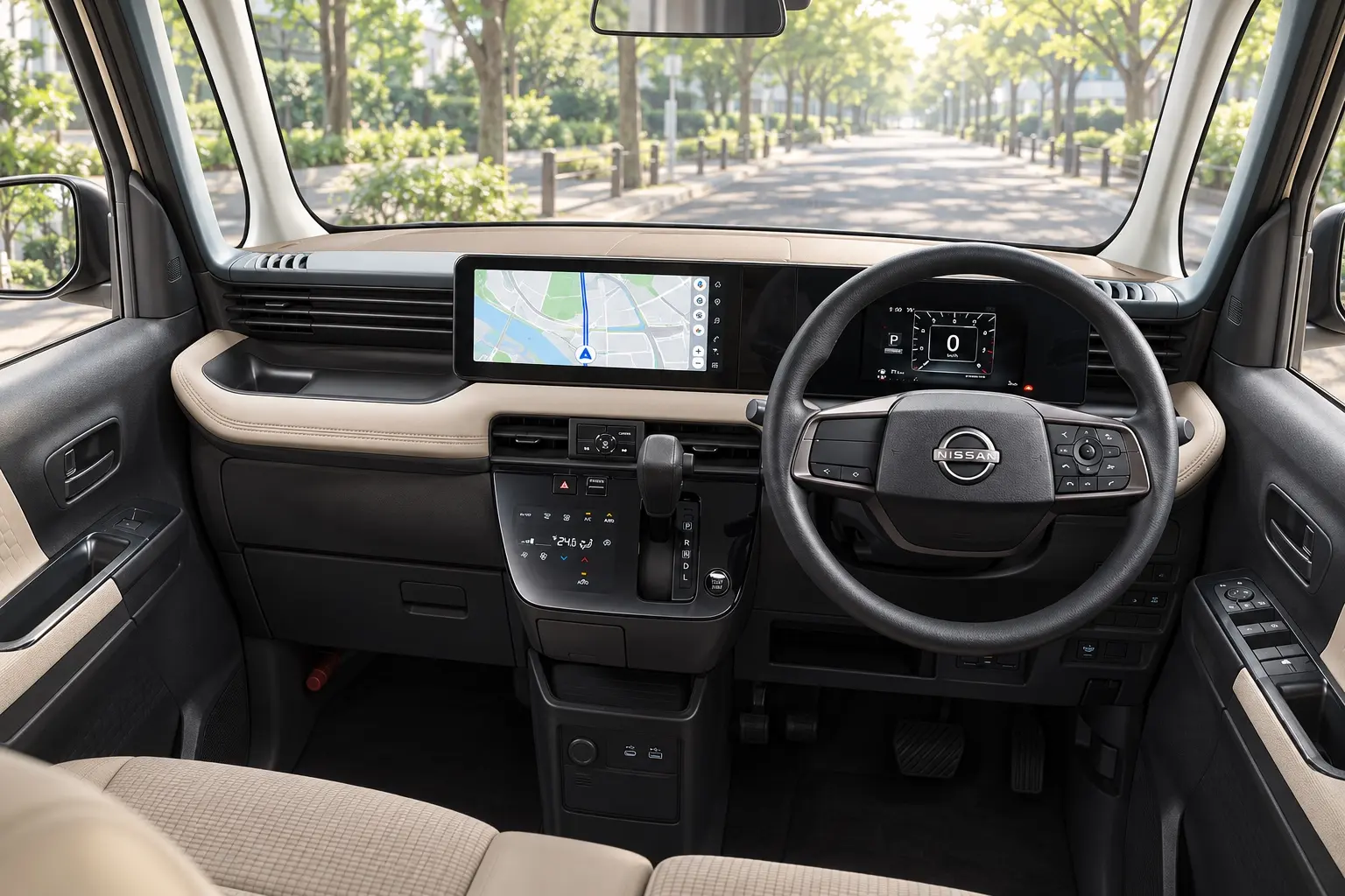 日産 ルークスの運転席まわり。ダッシュボードの上に横長の一枚の画面が広がり、左にメーター、右にナビが表示されているカット