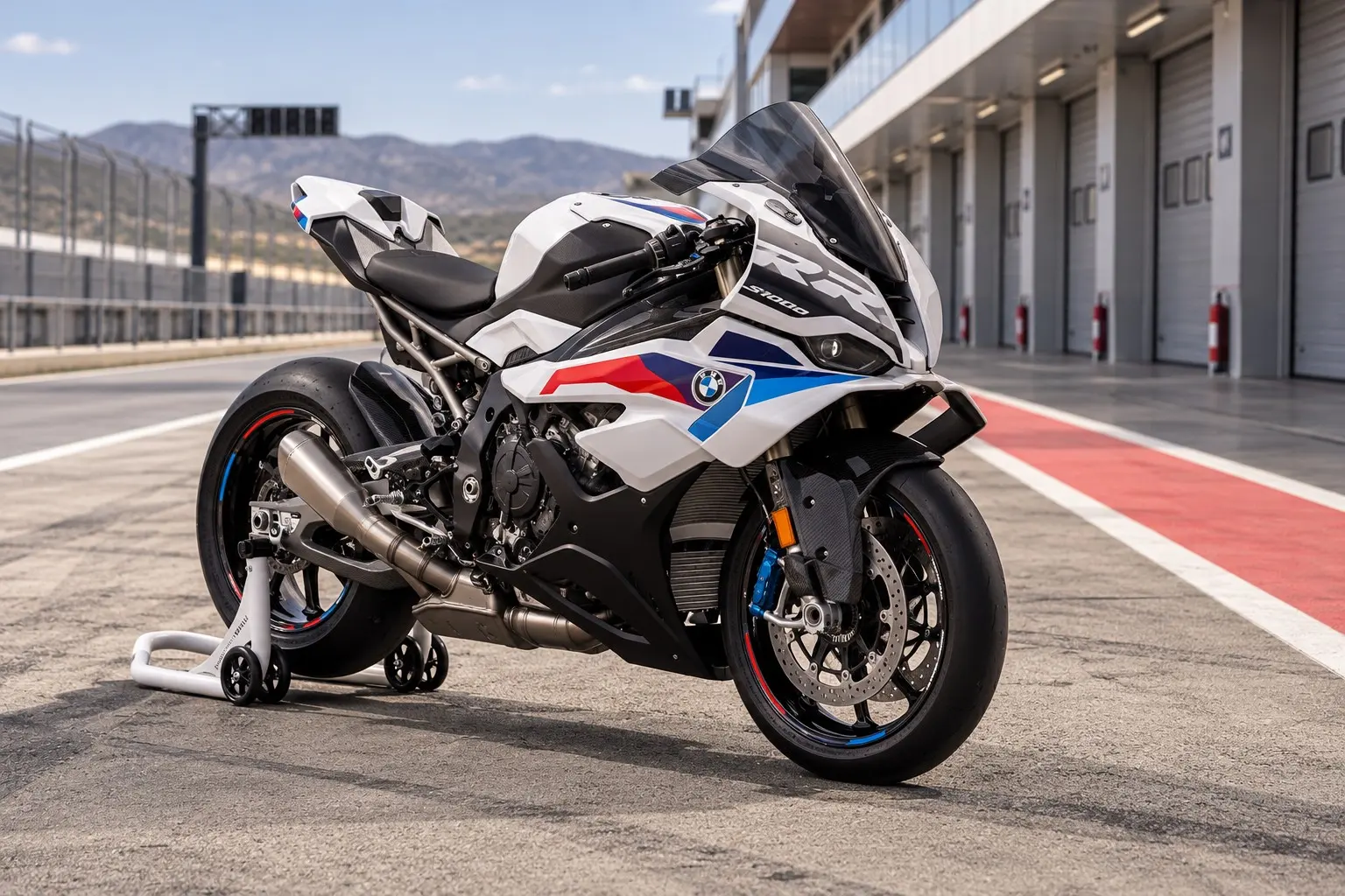 BMW S 1000 RRを斜め前から見たカット。白・青・赤のMモータースポーツの配色のフルカウル、左右で形の違うヘッドライト、カウルの横の小さなウイングレット、鍛造ホイール、青いブレーキキャリパー