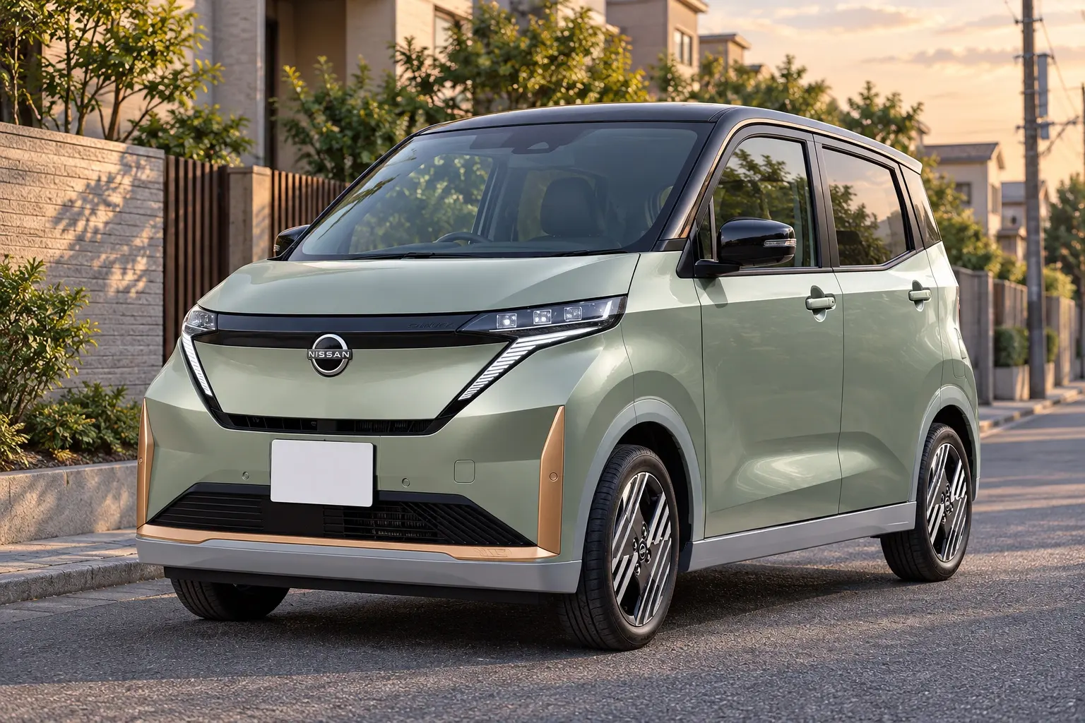 日産 サクラ(2026年マイナーチェンジ後のG)の斜め前からの外観。ボディ同色のグリル、細い横長のヘッドランプ、その下に流れるカッパー色のアクセント、15インチアルミホイールが分かるカット。ボディカラーはセラドングリーンとブラックの2トーン。日本の住宅街の道路、夕方近いやわらかい光