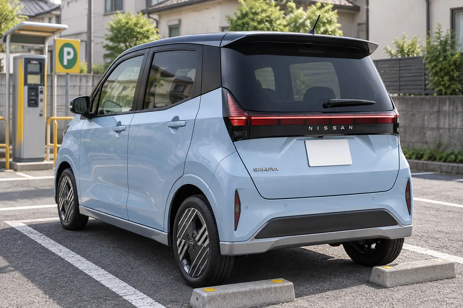 日産 サクラ(2026年モデル)の斜め後ろからの外観。横一文字につながるリアコンビネーションランプ、四角い箱型のリアゲート、「SAKURA」のバッジが分かるカット。ボディカラーはソルベブルーとブラックの2トーン。日本の住宅街の駐車場、日中の自然光