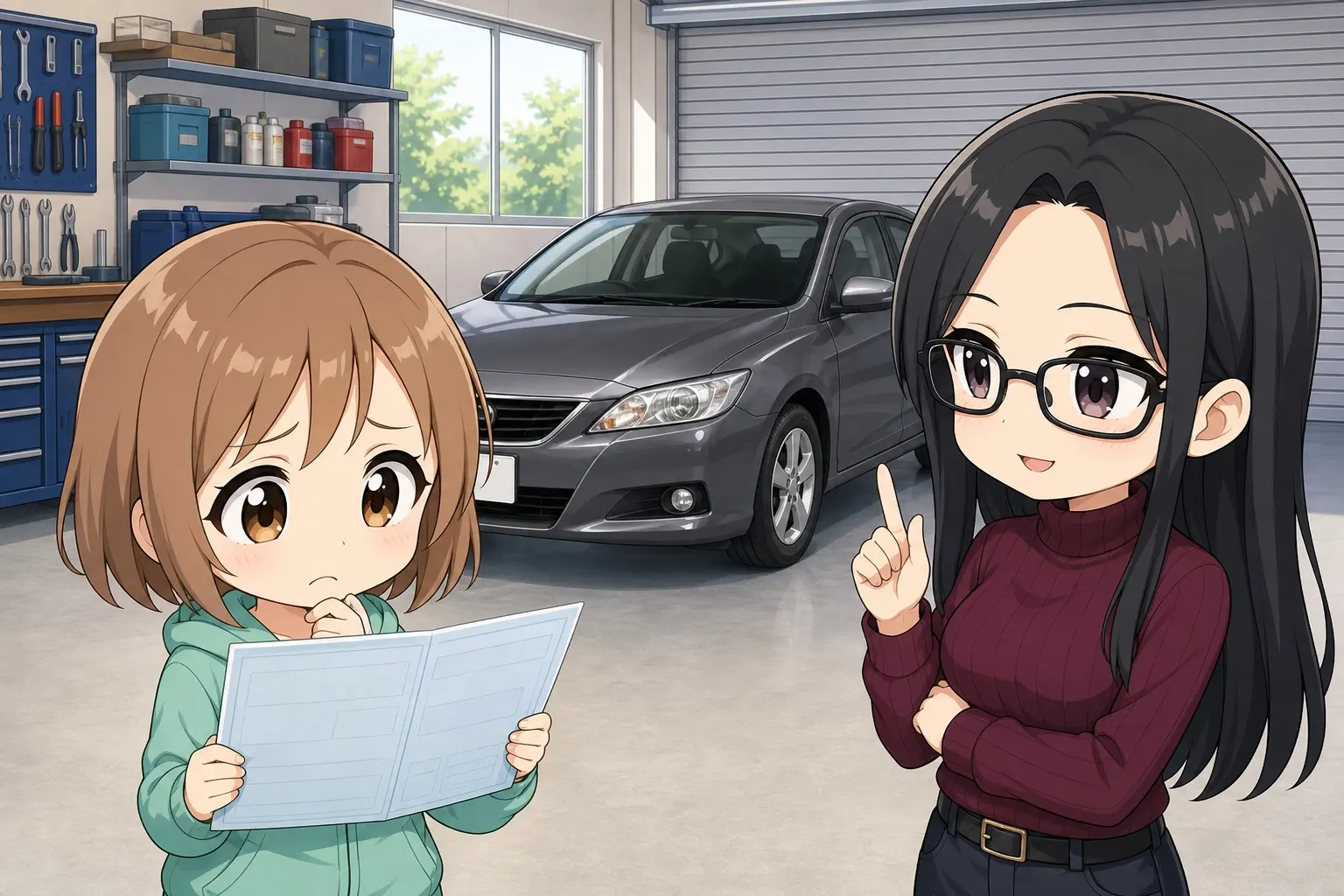 ガレージで車検証を手に愛車を売ろうか迷っているモモと、横で説明するレイ