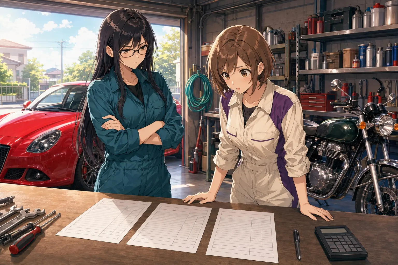 ガレージの作業台に車検の見積書を3枚並べて見比べているモモと、腕を組んで横から見ているレイ