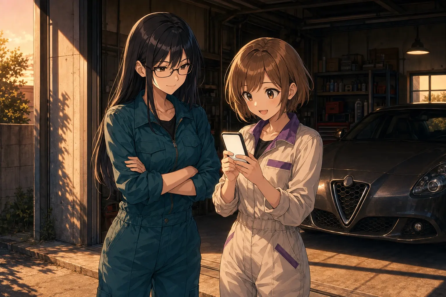 ガレージの前。夕方の光の中で、スマホで料金を調べているモモと、それを横で見ているレイ