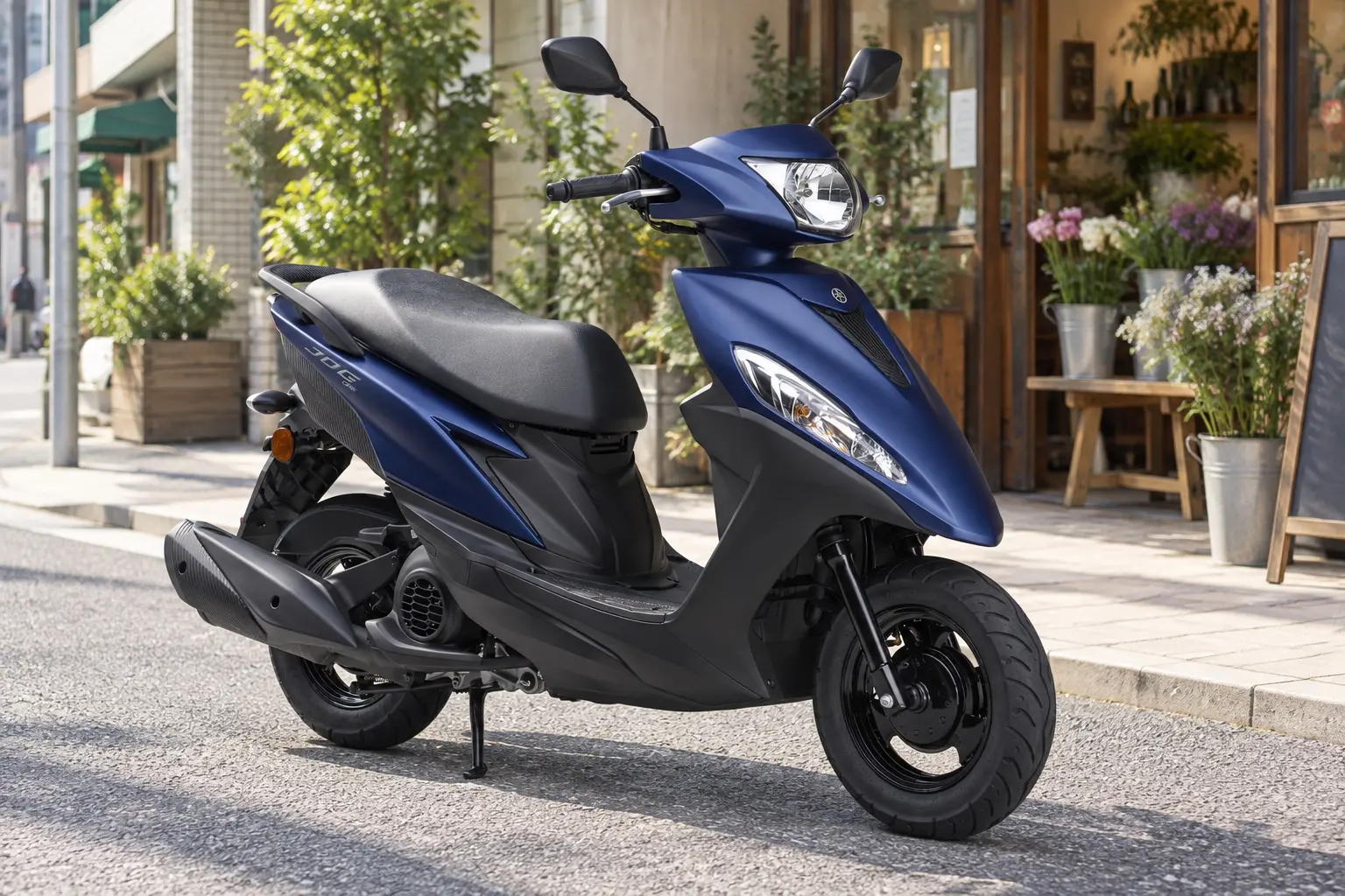 ヤマハ JOG ONEを斜め前から見たカット。つや消しの濃い青の車体、前カバーのLEDヘッドライト、黒いシートと足もと