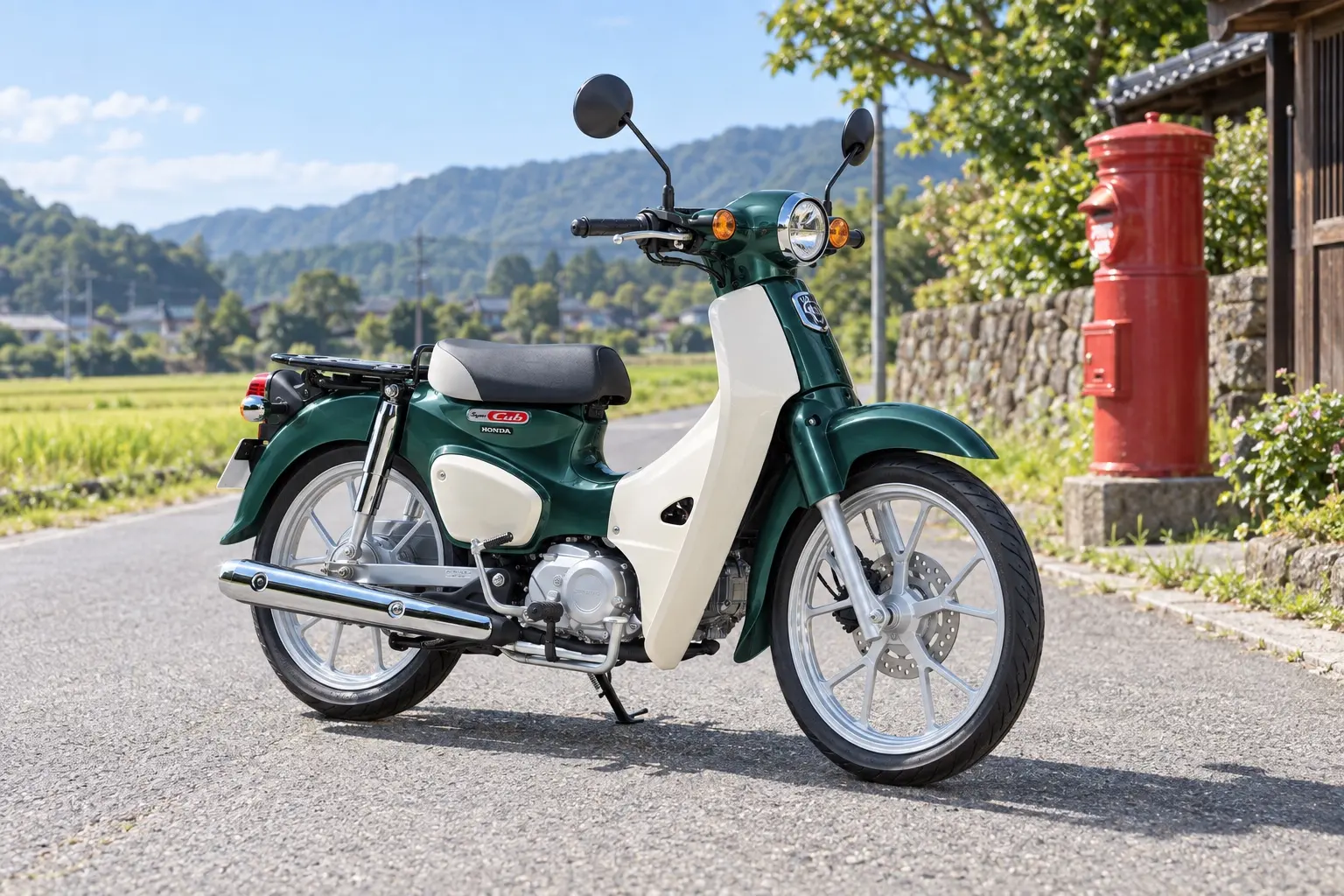 ホンダ スーパーカブ110 Liteを斜め前から見たカット。緑の前カバーと白い足もとのカバー、丸いヘッドライト、銀色のホイール