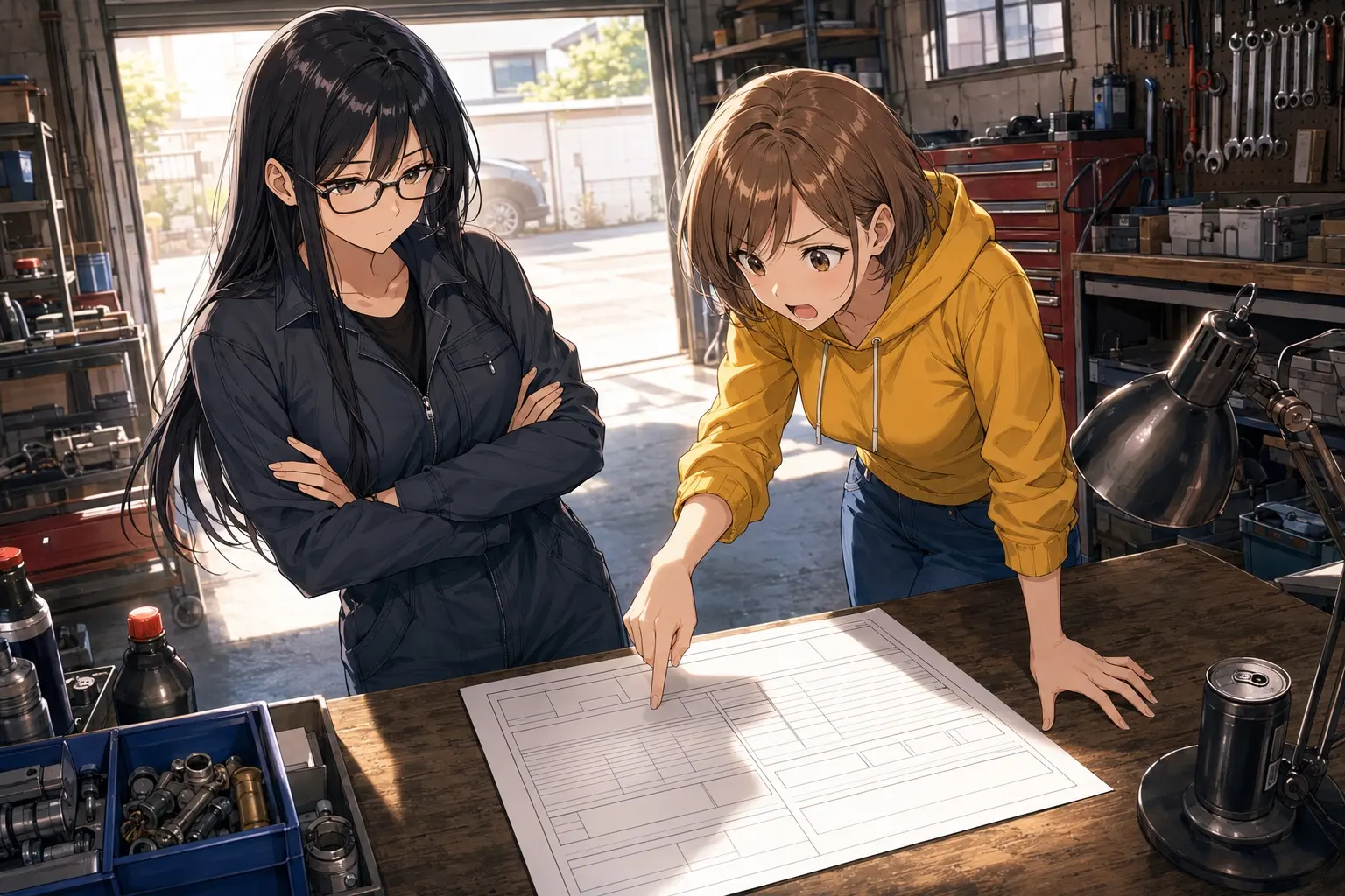 ガレージで新車の見積書を広げて下取り価格の欄を指さすモモと、腕を組んで見ているレイ