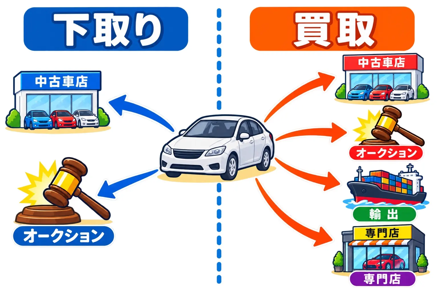 図解。1台の車から矢印が伸び、下取りは「自社の中古車店」「業者オークション」の2方向、買取は「自社の中古車店」「業者オークション」「輸出」「専門店」の4方向に分かれる図