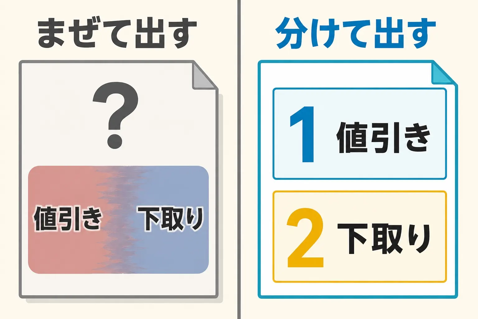 図解。左は「値引き＋下取り」が1本の帯にまとまっていて内訳が読めない図、右は「①下取りなしの見積り→②下取り価格」と2段に分かれて読める図