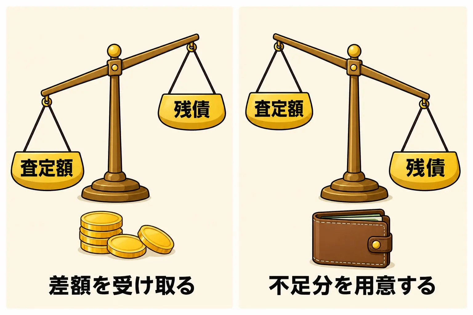図解。天秤の絵。左の皿に「査定額」、右の皿に「ローン残債」が乗っていて、査定額が上回る場合・下回る場合の2パターンを並べた図