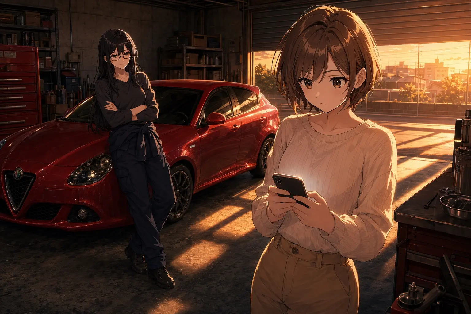 ガレージのシャッターを半分開けた夕方。ボンネットに肘をついて話し終えたレイと、スマホで愛車の査定額を調べ始めているモモ