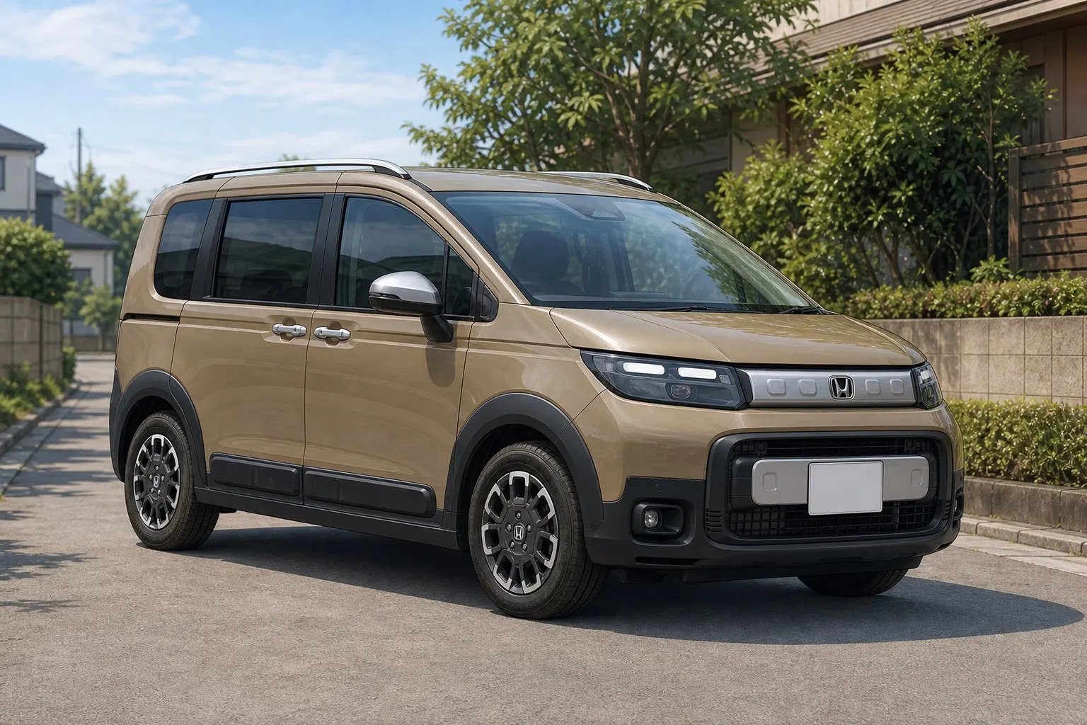 ベージュ系のホンダ フリード CROSSTAR（3代目）を左斜め前から捉えた外観カット。専用グリル、ホイールアーチプロテクター、ルーフレールが分かる