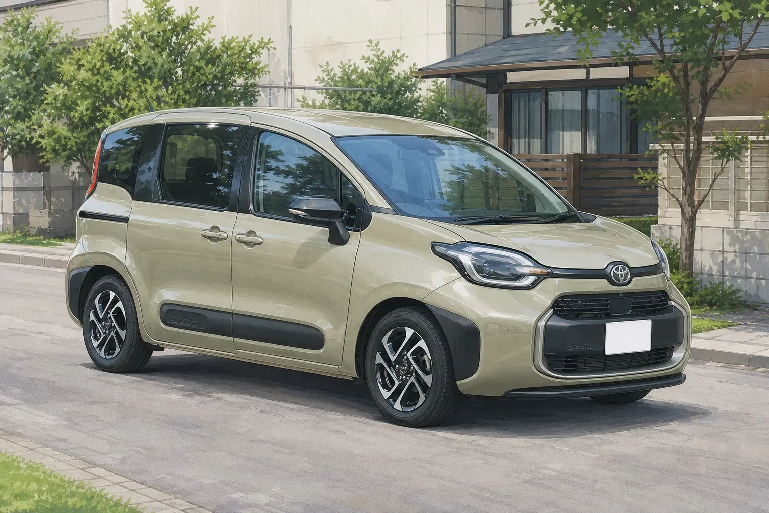 アーバンカーキ系のトヨタ シエンタ（3代目）を左斜め前から捉えた外観カット。四角くて丸いシルエット、低い乗り込み口、両側スライドドアが分かる