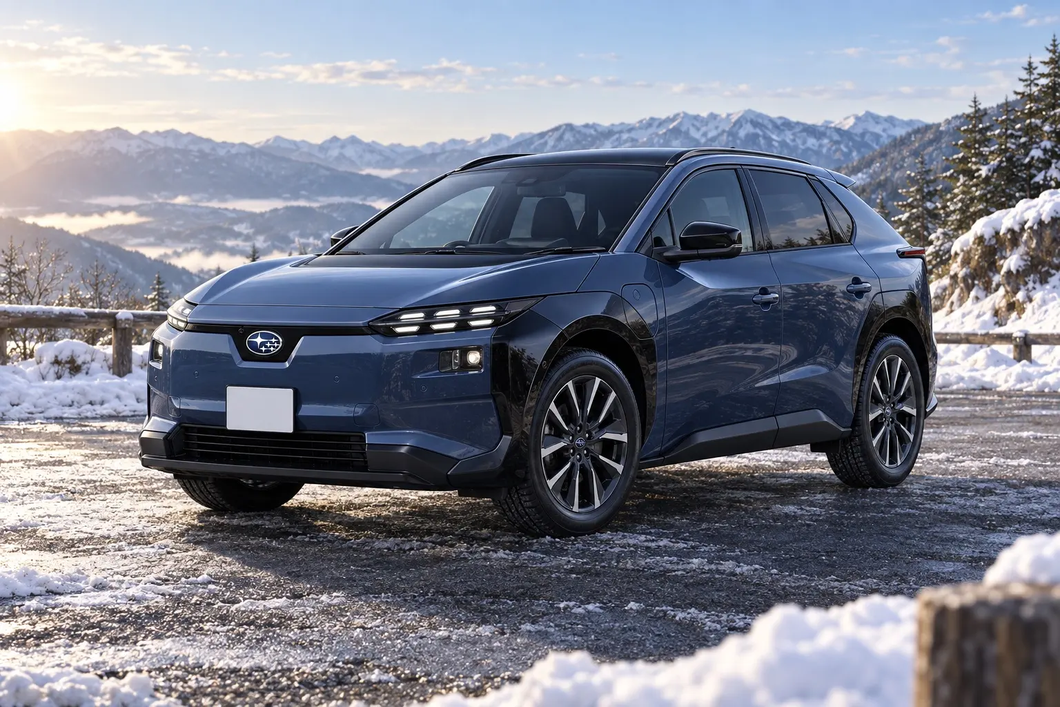 スバル ソルテラ ET-HSの斜め前からの外観。濃い青のボディ、細いヘッドランプと上下に並ぶポジションランプ、黒いホイールアーチ、18インチアルミホイールが分かるカット。雪の残る山の駐車場、冬の朝の光