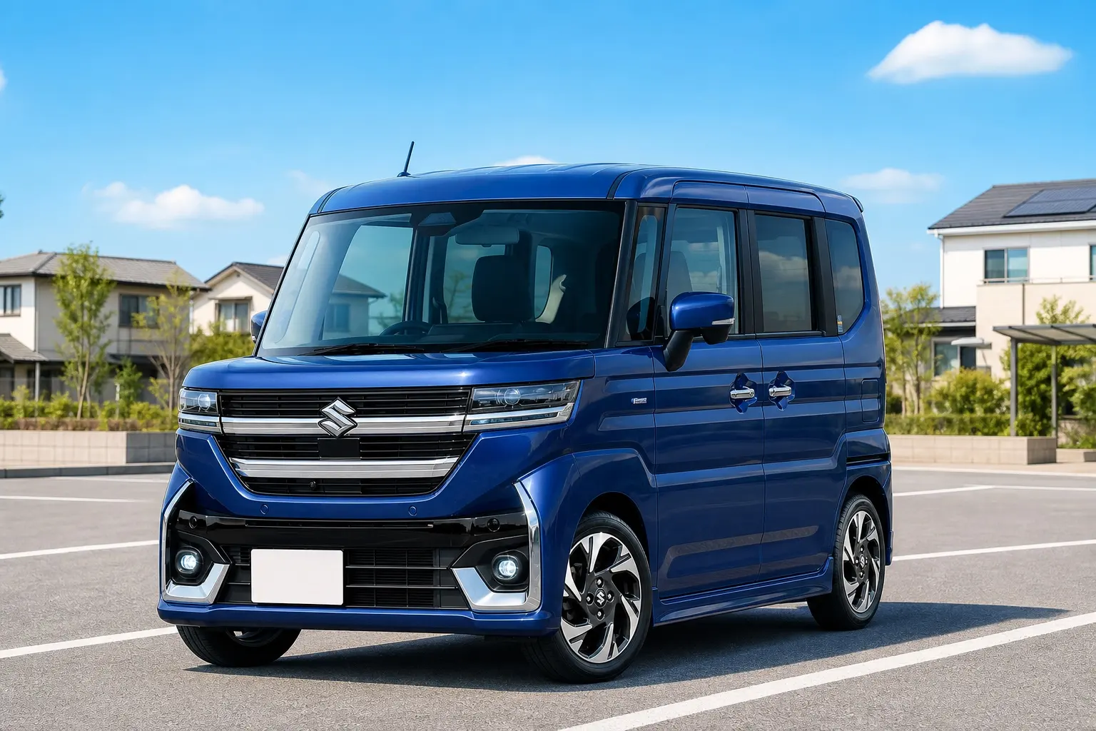 スズキ スペーシア カスタムを濃紺系の車体色で斜め前から捉えた外観カット。角張ったボディ、縦型のヘッドランプ、後席の両側スライドドアが分かる