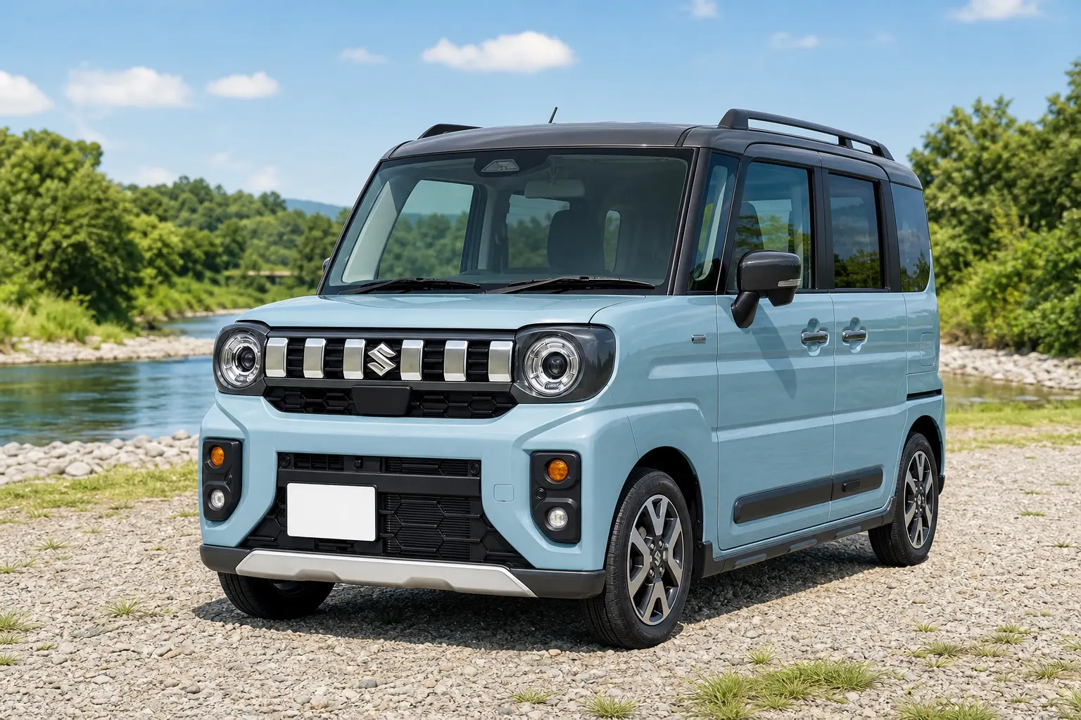 スズキ スペーシア ギアをオフブルーメタリック／ガンメタリック2トーンの車体色で斜め前から捉えた外観カット。ルーフレールと専用の丸型フォグまわりが分かる