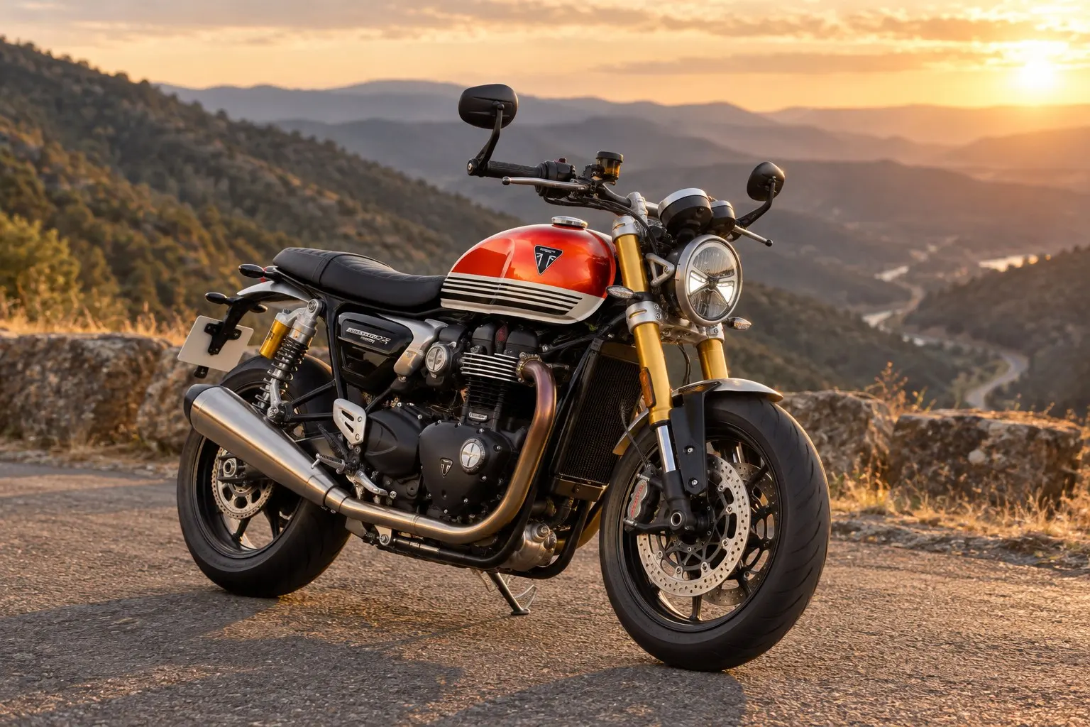 トライアンフ スピードツイン1200 RSを斜め前から見たカット。丸いヘッドライト、ニーグリップのくぼみのあるタンク、金色の倒立フォーク、前後17インチのキャストホイール、2本のマフラー