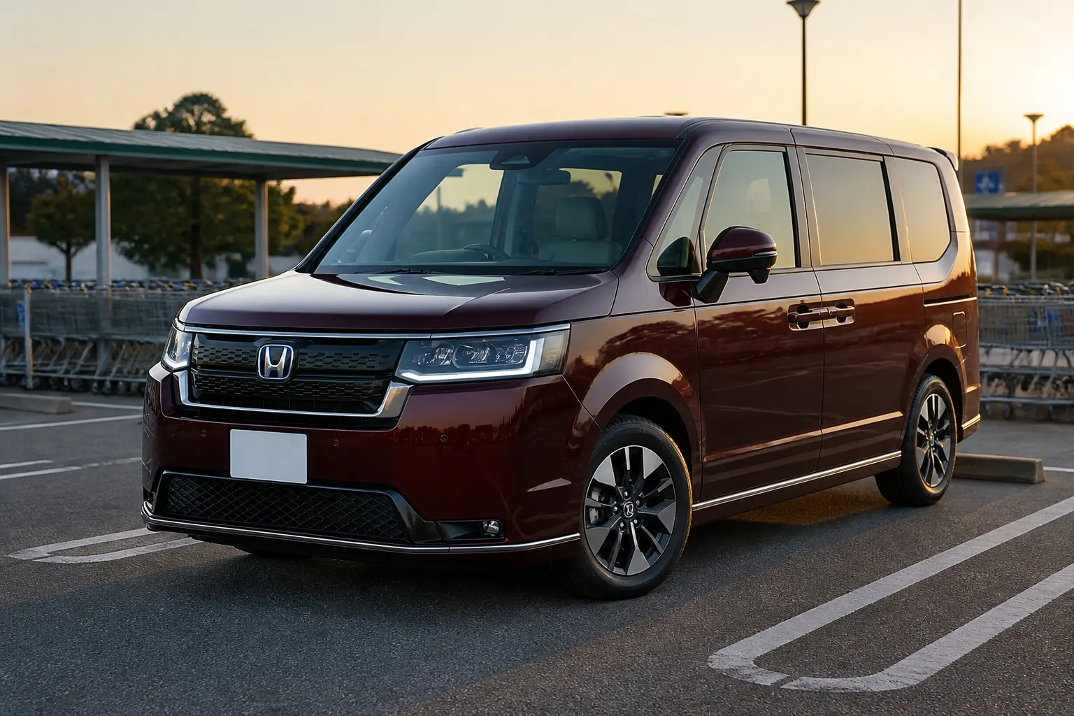 ホンダ ステップ ワゴン SPADA PREMIUM LINEを斜め前から見た外観。プレミアムクリスタルガーネット・メタリックのボディ。夕方の郊外のスーパーの駐車場を背景に