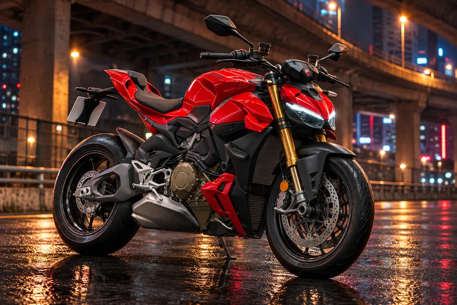 ドゥカティ ストリートファイターV4 Sを斜め前から見たカット。赤い車体、カウルの無いネイキッドの姿、幅の広いハンドル、鋭い形のLEDヘッドライト