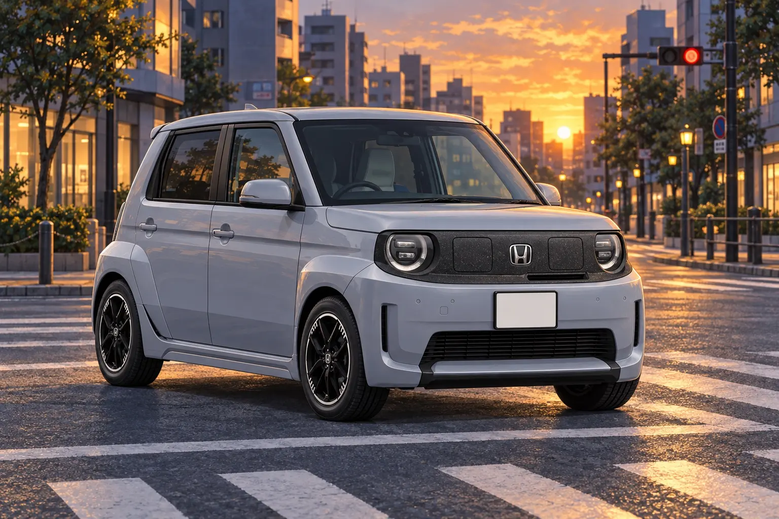 ホンダ Super-ONEの斜め前からの外観。張り出したブリスターフェンダー、前後のエアダクト、185/55R15のタイヤ。ボディカラーはルミナス・グレー。夕方の市街地の交差点
